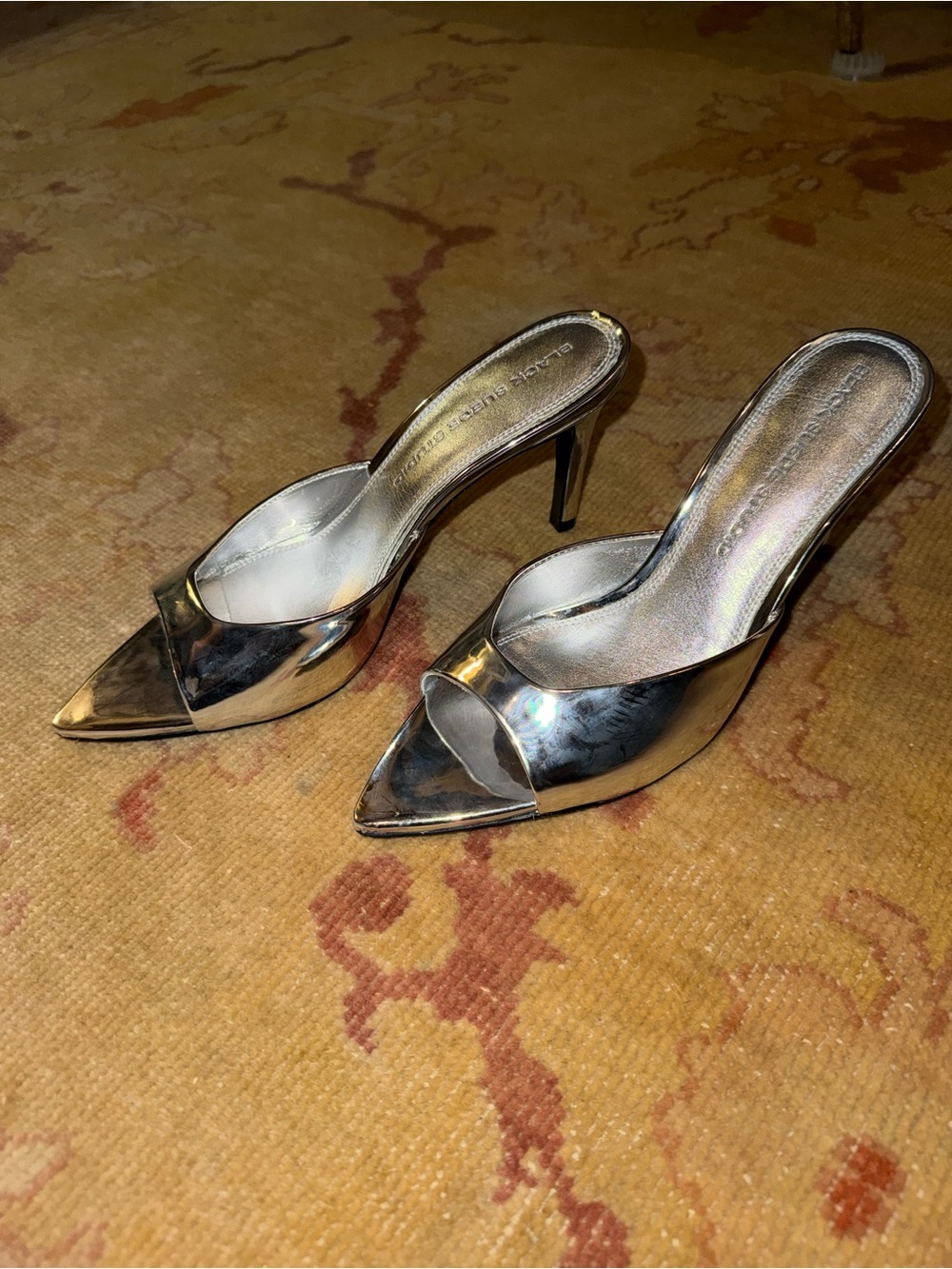 Pointed Metallic Mule Heels in Silver